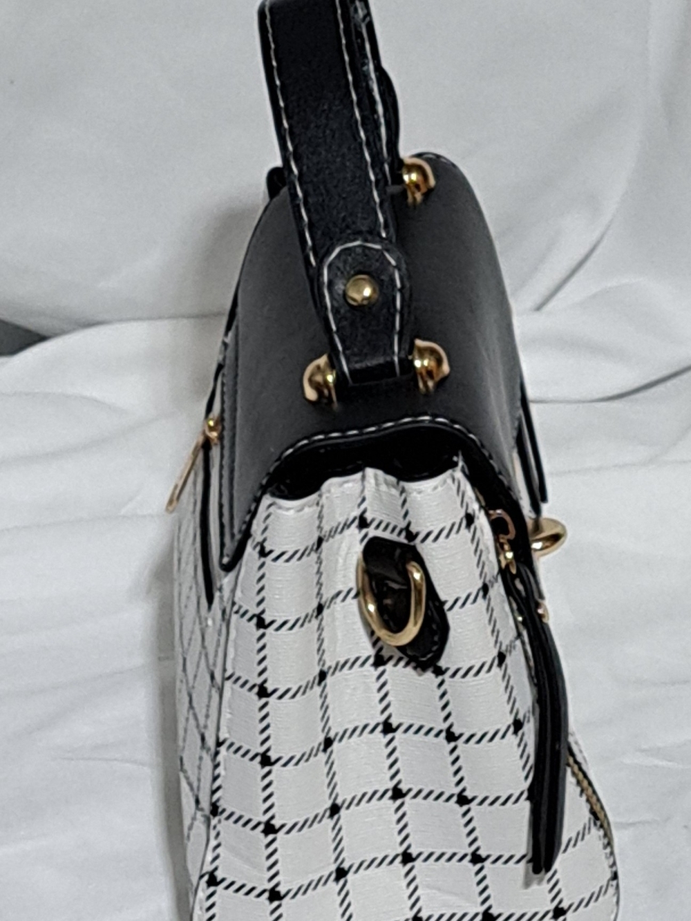 Plaid Black and White Top-Handle Satchel with Charm - Picture 10 of 16